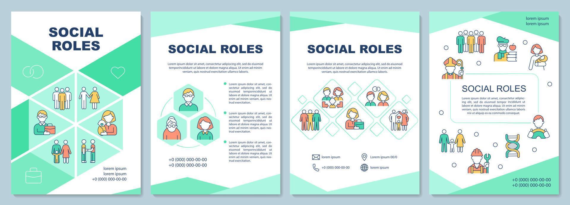 Social roles brochure template. Person position at community. Flyer, booklet, leaflet print, cover design with linear icons. Vector layouts for presentation, annual reports, advertisement pages