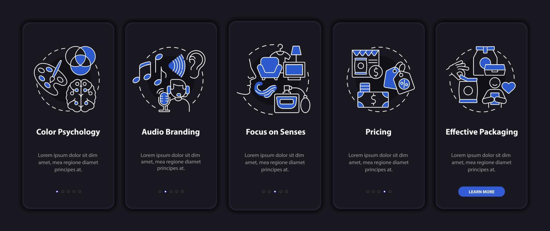 Examples of neuroscience onboarding mobile app page screen. Focus on senses walkthrough 5 steps graphic instructions with concepts. UI, UX, GUI vector template with linear night mode illustrations