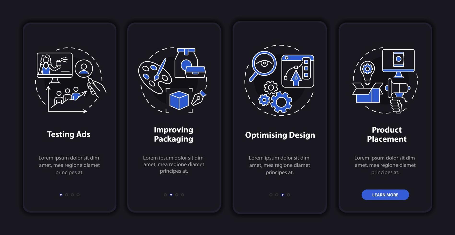 Neuroscience utilization onboarding mobile app page screen. Improving packaging walkthrough 4 steps graphic instructions with concepts. UI, UX, GUI vector template with linear night mode illustrations