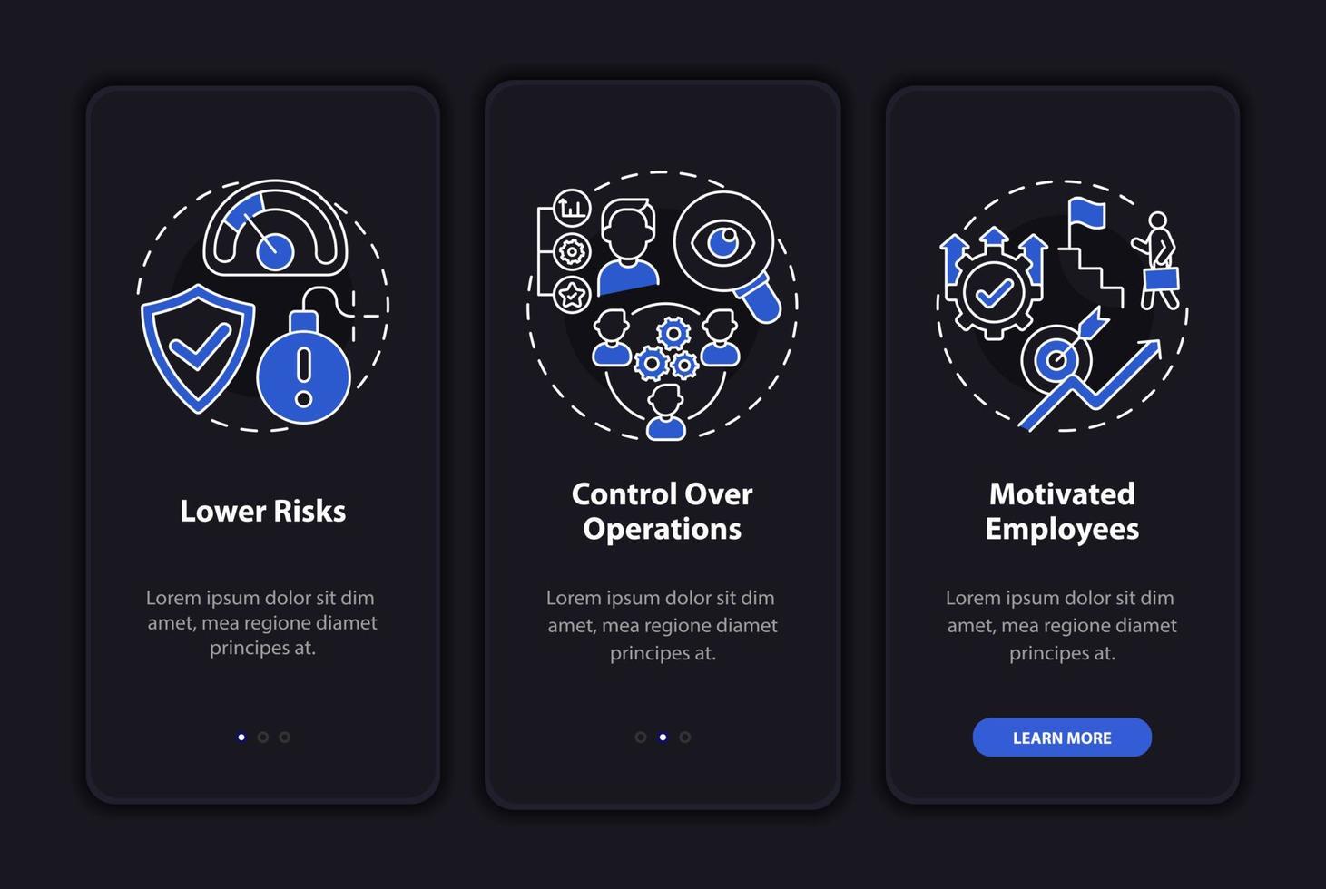 Internal growth perks dark onboarding mobile app page screen. Walkthrough 3 steps graphic instructions with concepts. UI, UX, GUI vector template with linear night mode mode illustrations