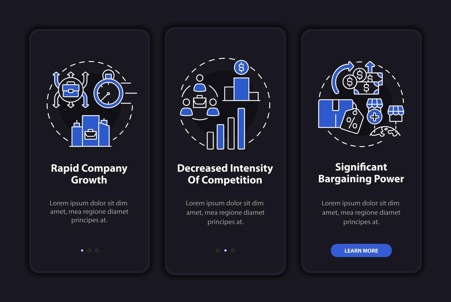 el crecimiento externo beneficia la pantalla de la página de la aplicación móvil de incorporación oscura. tutorial 3 pasos instrucciones gráficas con conceptos. ui, ux, plantilla de vector gui con ilustraciones de modo nocturno lineal