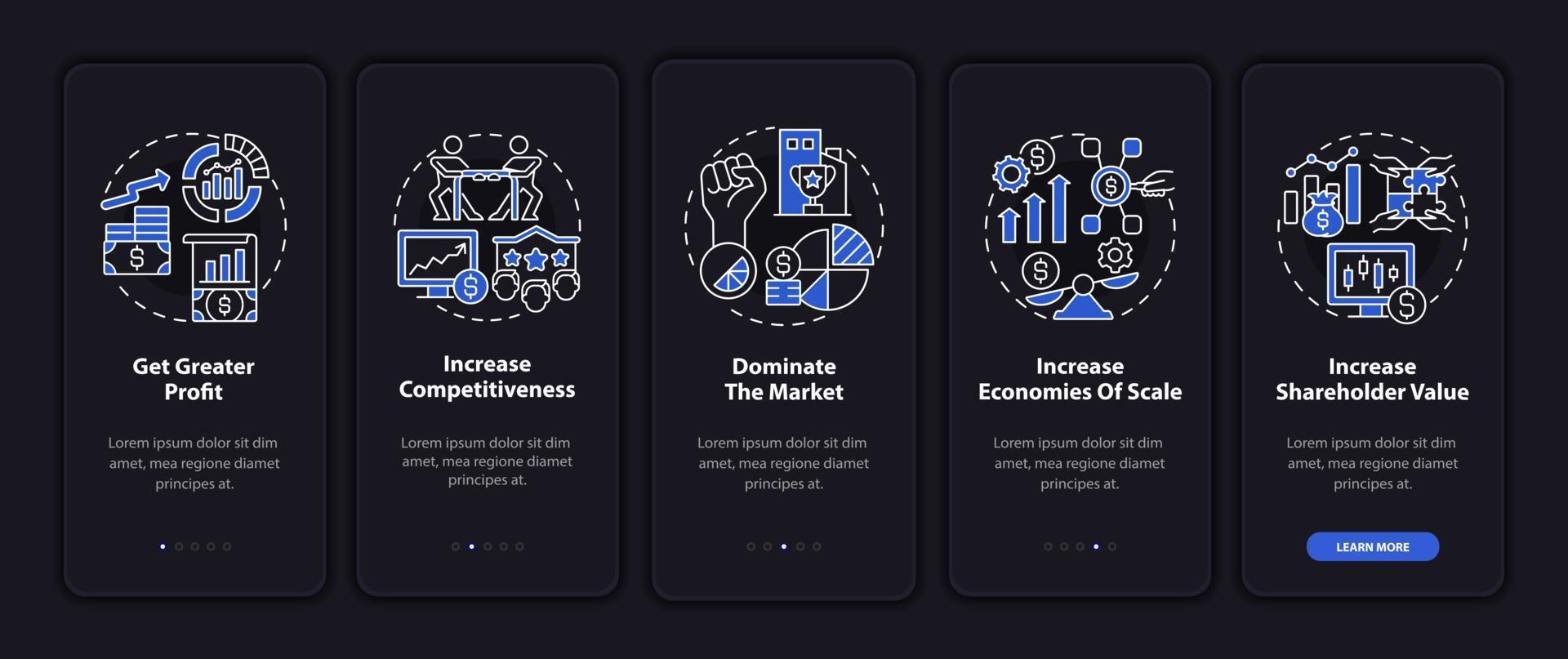 Importance of expansion dark onboarding mobile app page screen. Walkthrough 5 steps graphic instructions with concepts. UI, UX, GUI vector template with linear night mode mode illustrations