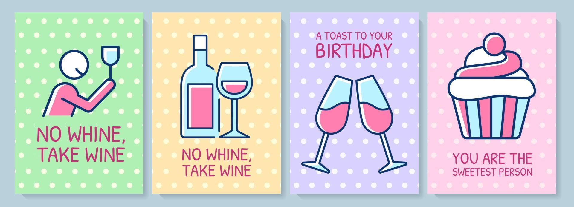 tarjeta de felicitación de los amantes de la comida con conjunto de elementos de icono de color. bebiendo vino. persona dulce. diseño vectorial de postal. volante decorativo con ilustración creativa. notecard con mensaje de felicitación vector