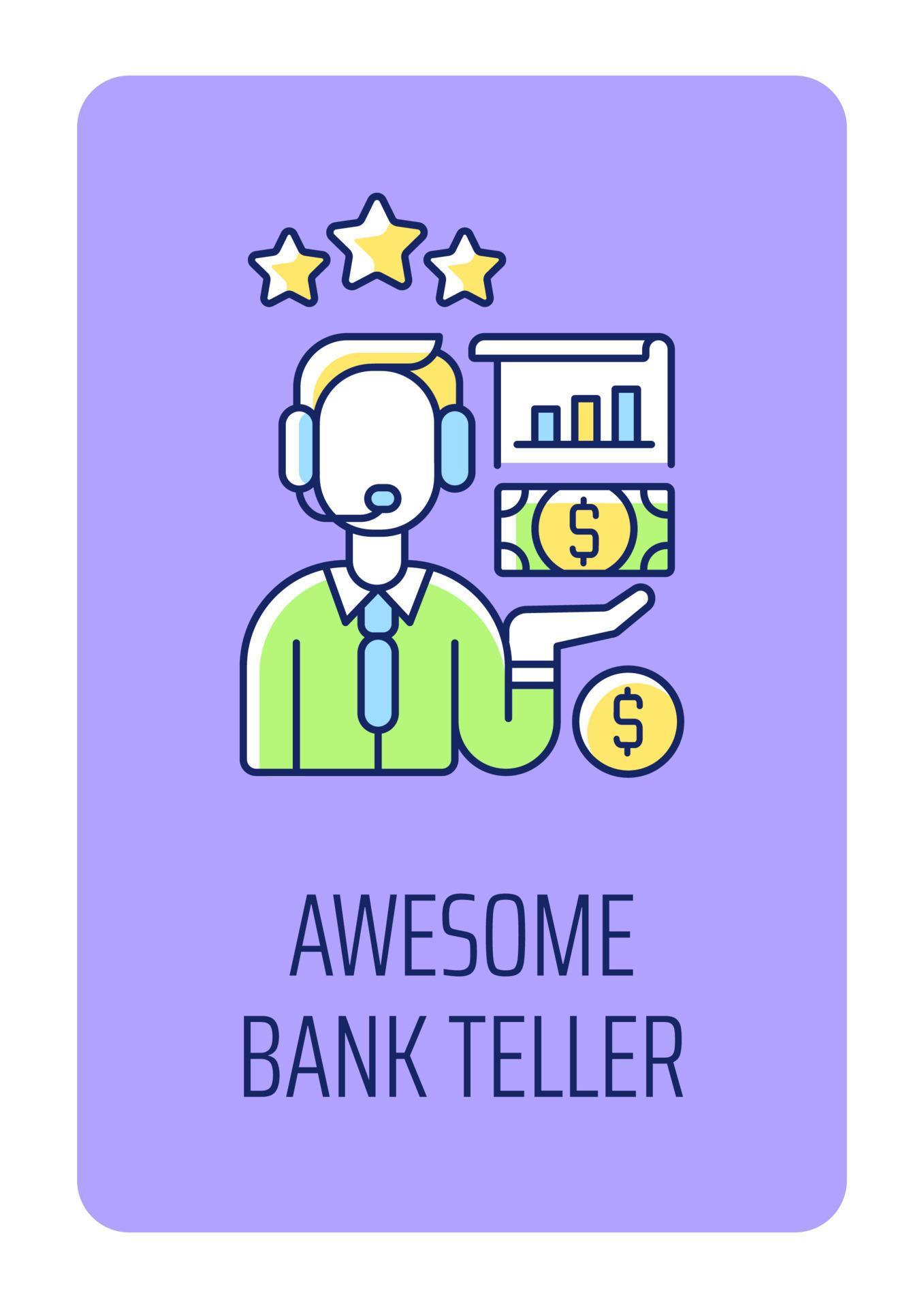 Awesome bank teller greeting card with color icon element. Employee