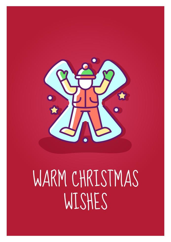 Warm christmas wishes greeting card with color icon element. Making snow angels. Postcard vector design. Decorative flyer with creative illustration. Notecard with congratulatory message