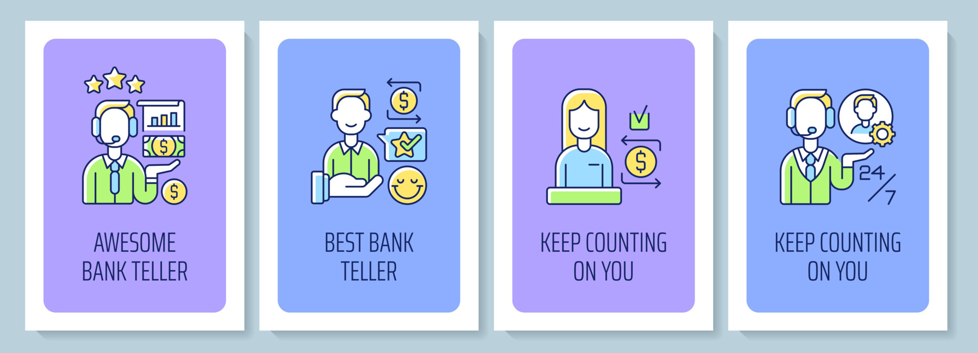 Teller appreciation week greeting card with color icon element set. Bank tellers. Postcard