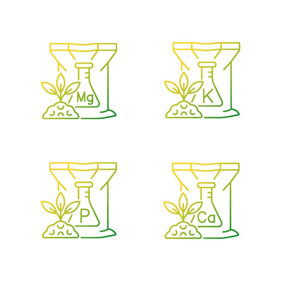 Chemical fertilizer gradient linear vector icons set. Inorganic supplements for ground and plants. Rich in magnesium. Thin line contour symbols bundle. Isolated outline illustrations collection
