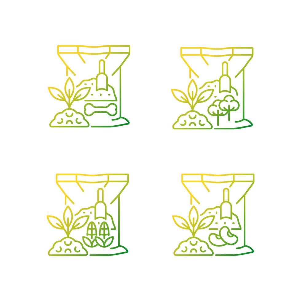 Organic supplements gradient linear vector icons set. Natural fertilizers for ground. Growth increasing. Dry additive. Thin line contour symbols bundle. Isolated outline illustrations collection