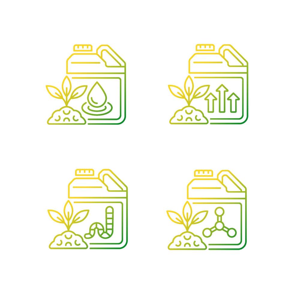 Liquid supplements gradient linear vector icons set. Fluid fertilizer for ground and roots. Organic and chemical additives. Thin line contour symbols bundle. Isolated outline illustrations collection