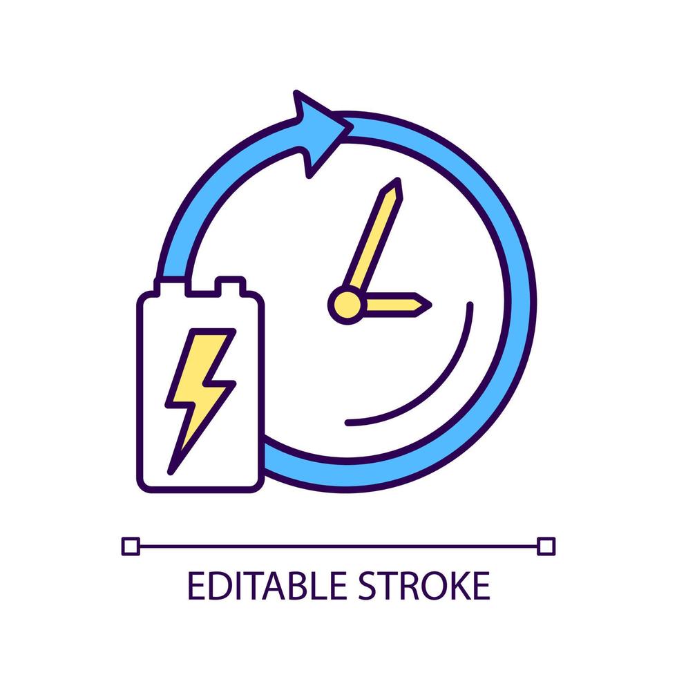 Battery lifetime RGB color icon. Accumulator lifespan and durability. Energy cell working period. Charge and discharge cycles number. Isolated vector illustration. Simple filled line drawing