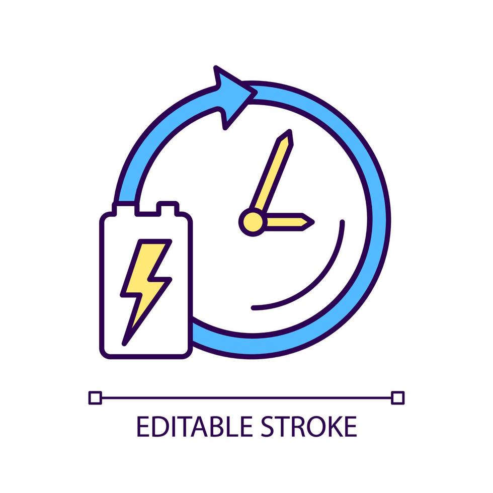 icono de color rgb de duración de la batería. vida útil y durabilidad del acumulador. período de trabajo de la celda de energía. Número de ciclos de carga y descarga. ilustración vectorial aislada. dibujo lineal relleno simple vector