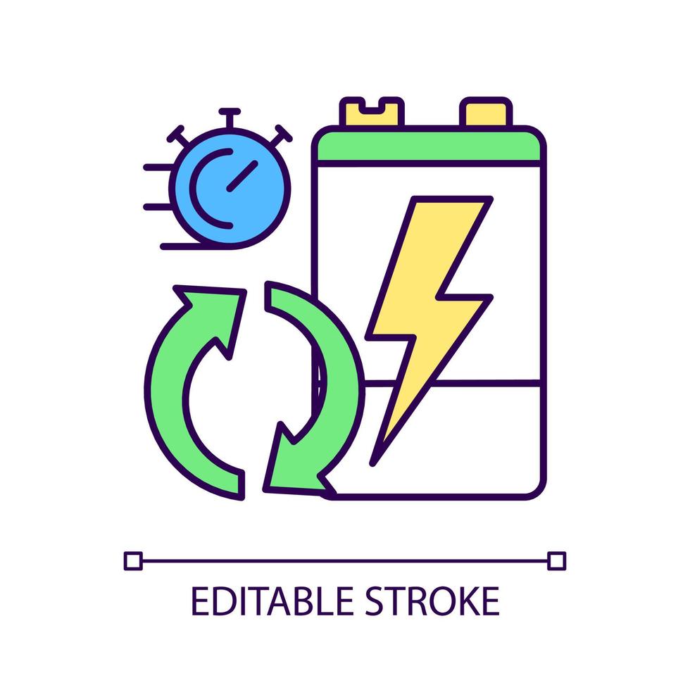 icono de color rgb de tasas de reciclaje de batería. velocidad de procesamiento de residuos electrónicos. porcentaje de acumuladores reutilizados. estadística de utilización. ilustración vectorial aislada. dibujo lineal relleno simple vector