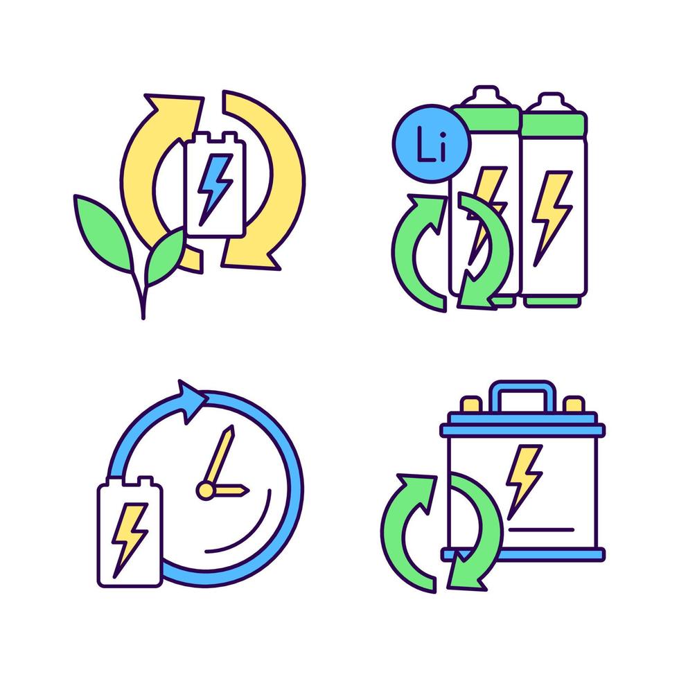 Eco battery disposal RGB color icons set. Environmentally friendly reuse. Recycling electronic waste. Accumulator lifetime. Isolated vector illustrations. Simple filled line drawings collection