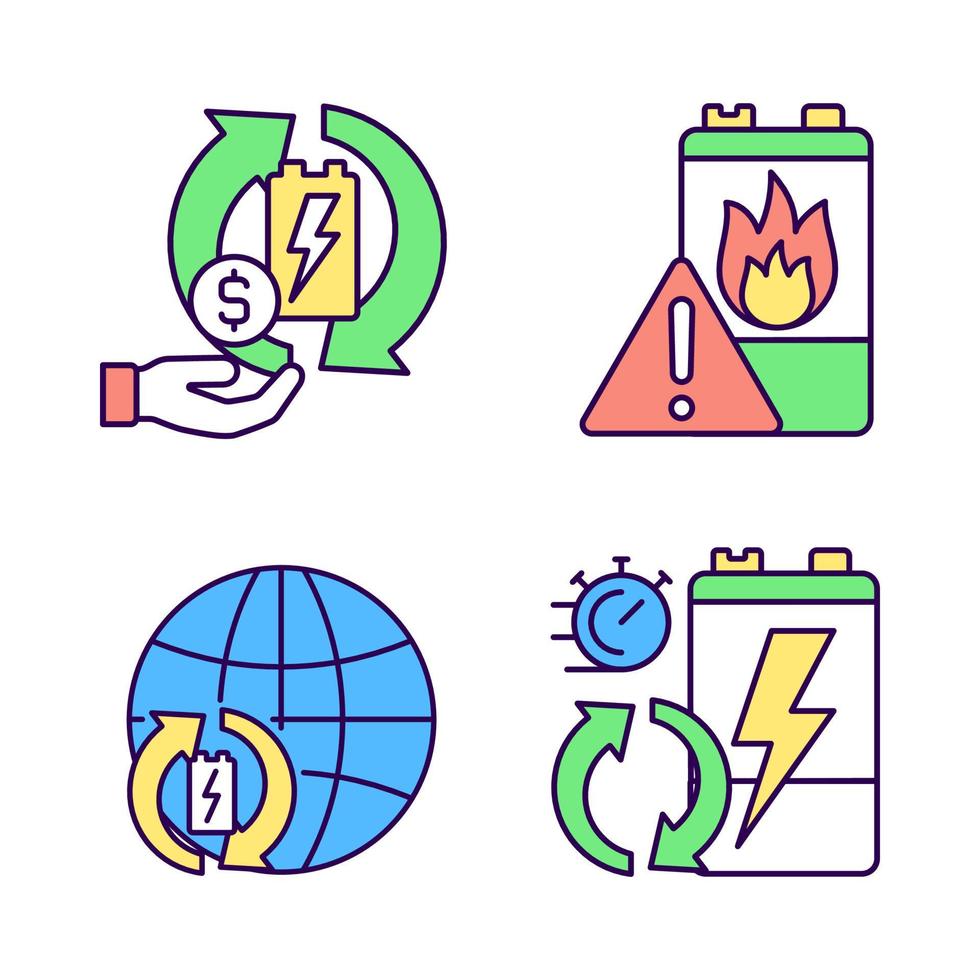 Recycling world industry RGB color icons set. Make money on used batteries. E-waste processing rate. Accumulator flammability. Isolated vector illustrations. Simple filled line drawings collection