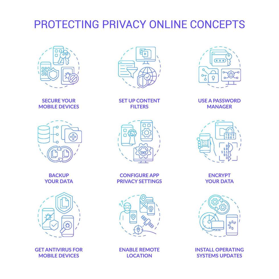 Protecting privacy online concept icons set. Personal data safety online idea thin line color illustrations. Tips to save information from hackers. Vector isolated outline drawings