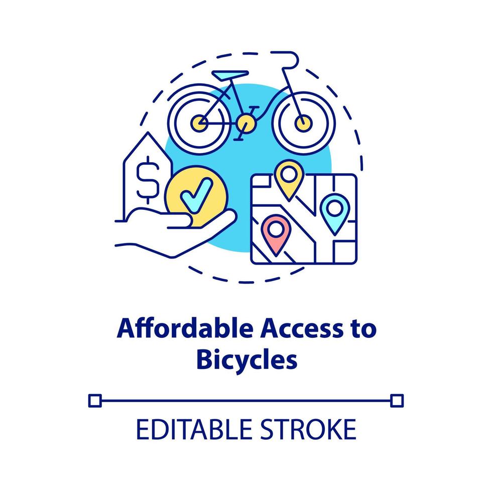 Affordable access to bicycles concept icon. Bike sharing goal abstract idea thin line illustration. Accessible option. Equitable vehicle sharing. Vector isolated outline color drawing. Editable stroke