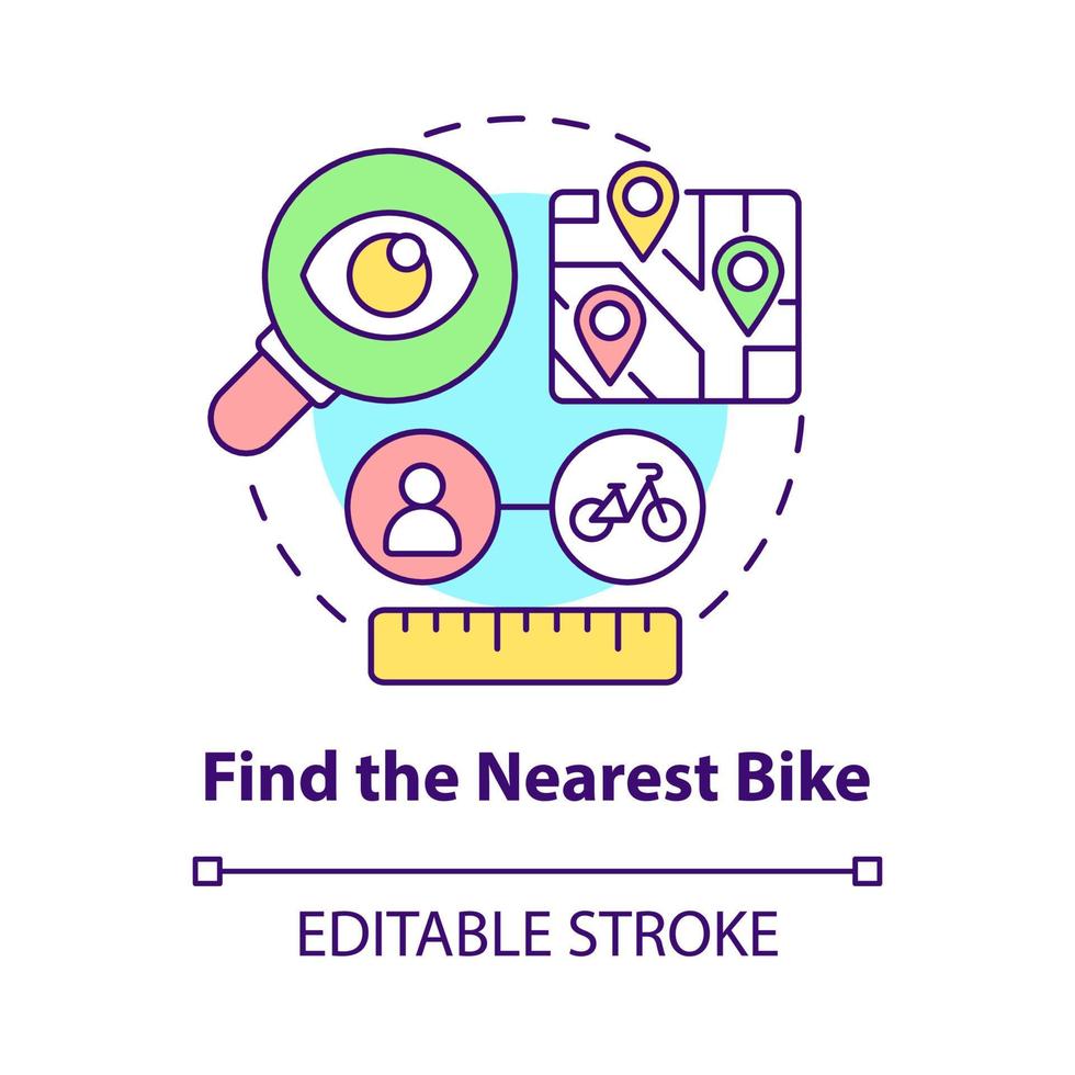 Find nearest bike concept icon. Bike sharing usage abstract idea thin line illustration. Detecting closest location with e-bicycles. Vector isolated outline color drawing. Editable stroke