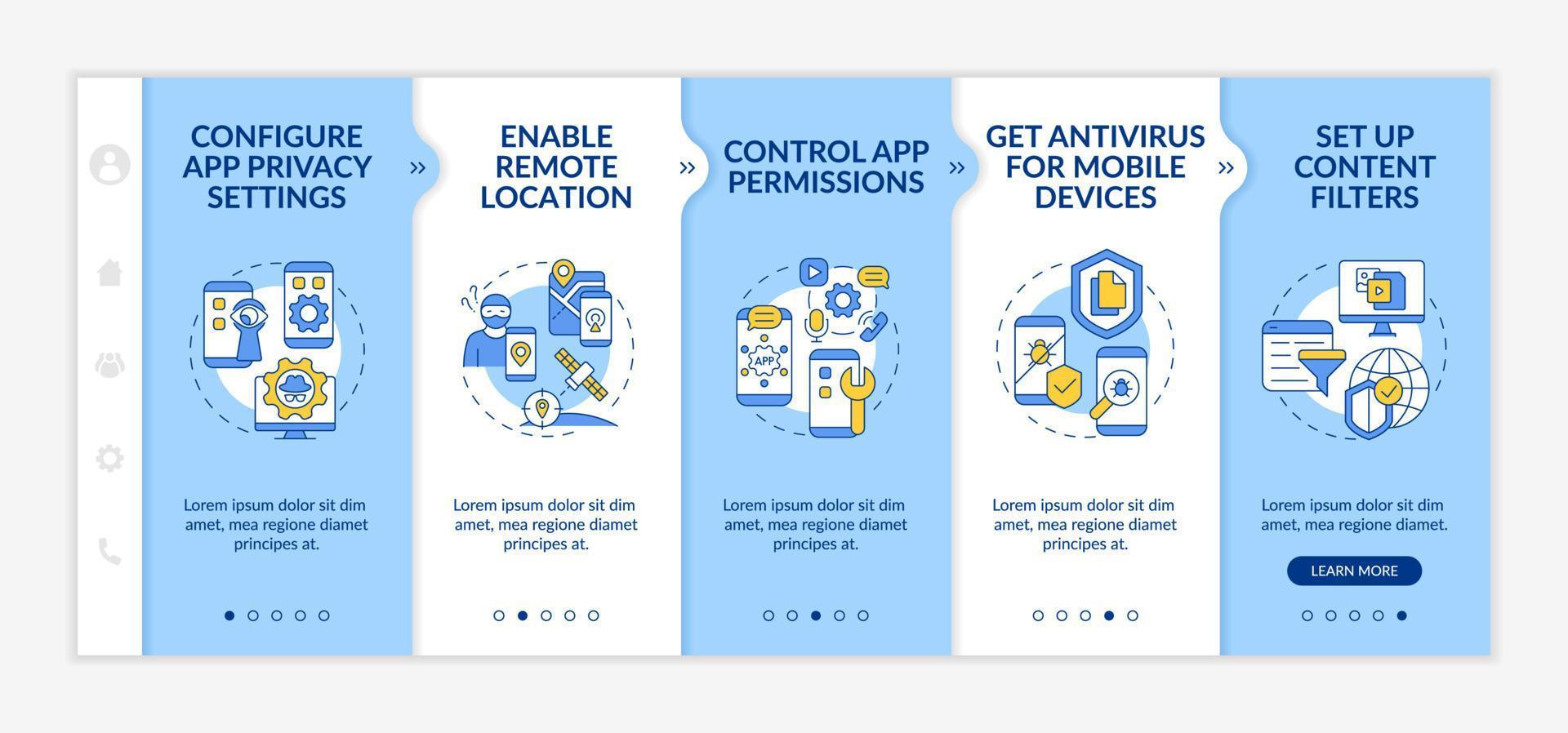 Apps privacy setting configuration onboarding vector template. Responsive mobile website with icons. Web page walkthrough five step screens. Data safe color concept with linear illustrations