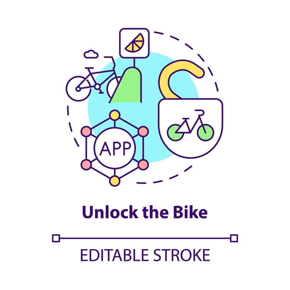 Unlock bike concept icon. Bike sharing usage abstract idea thin line illustration. Enabling access to bicycle. Using smartphone for unlocking. Vector isolated outline color drawing. Editable stroke