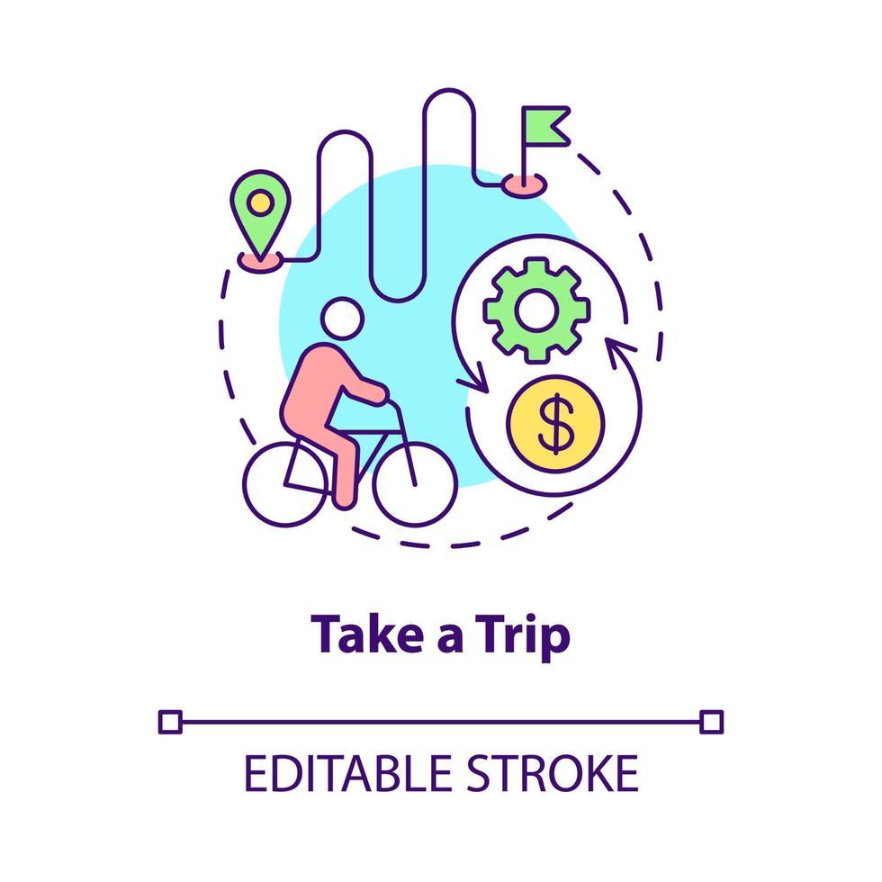 Take trip concept icon. Bicycle sharing usage abstract idea thin line illustration. E-bike tour. Transportation with rented electronic bike. Vector isolated outline color drawing. Editable stroke