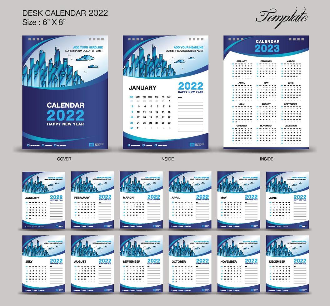 Calendar 2022 template set, Desk Calendar 2022 year and cover design, planner design, vertical vector eps10