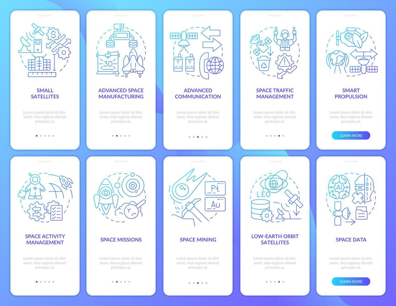 Space research tech blue gradient onboarding mobile app screen set vector