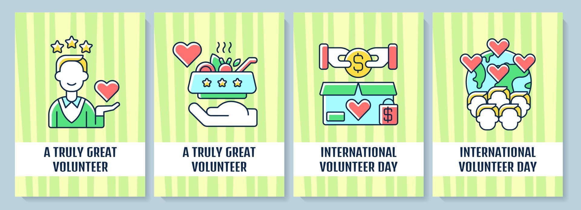 Volunteerism celebration greeting card with color icon element set. Truly great volunteer. Postcard vector design. Decorative flyer with creative illustration. Notecard with congratulatory message