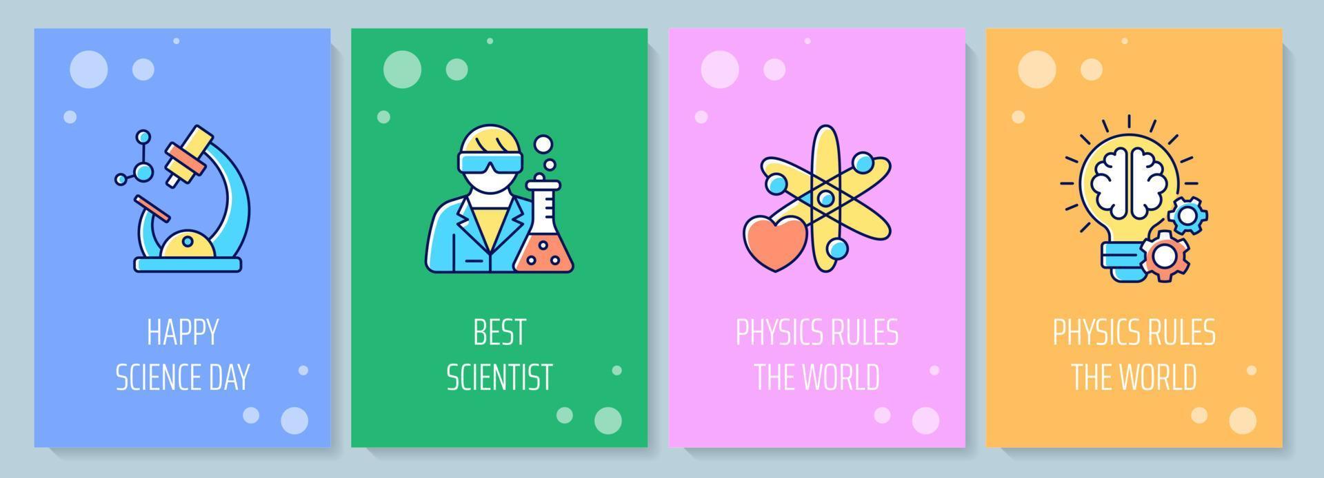 tarjeta de felicitación de celebración del día nacional de la ciencia con conjunto de elementos de icono de color. mejor científico. diseño vectorial de postal. volante decorativo con ilustración creativa. notecard con mensaje de felicitación vector