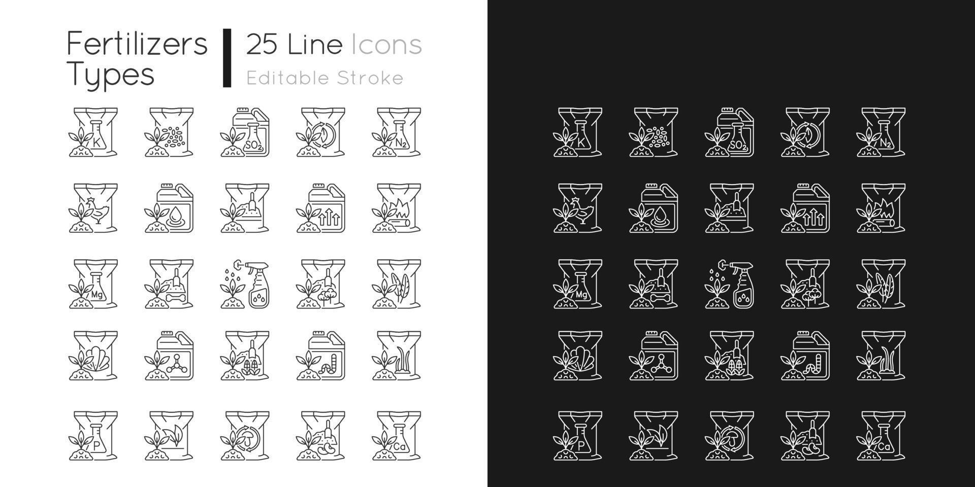 Fertilizers type linear icons set for dark and light mode. Organic, chemical supplements. Soil, plants additives. Customizable thin line symbols. Isolated vector outline illustrations. Editable stroke