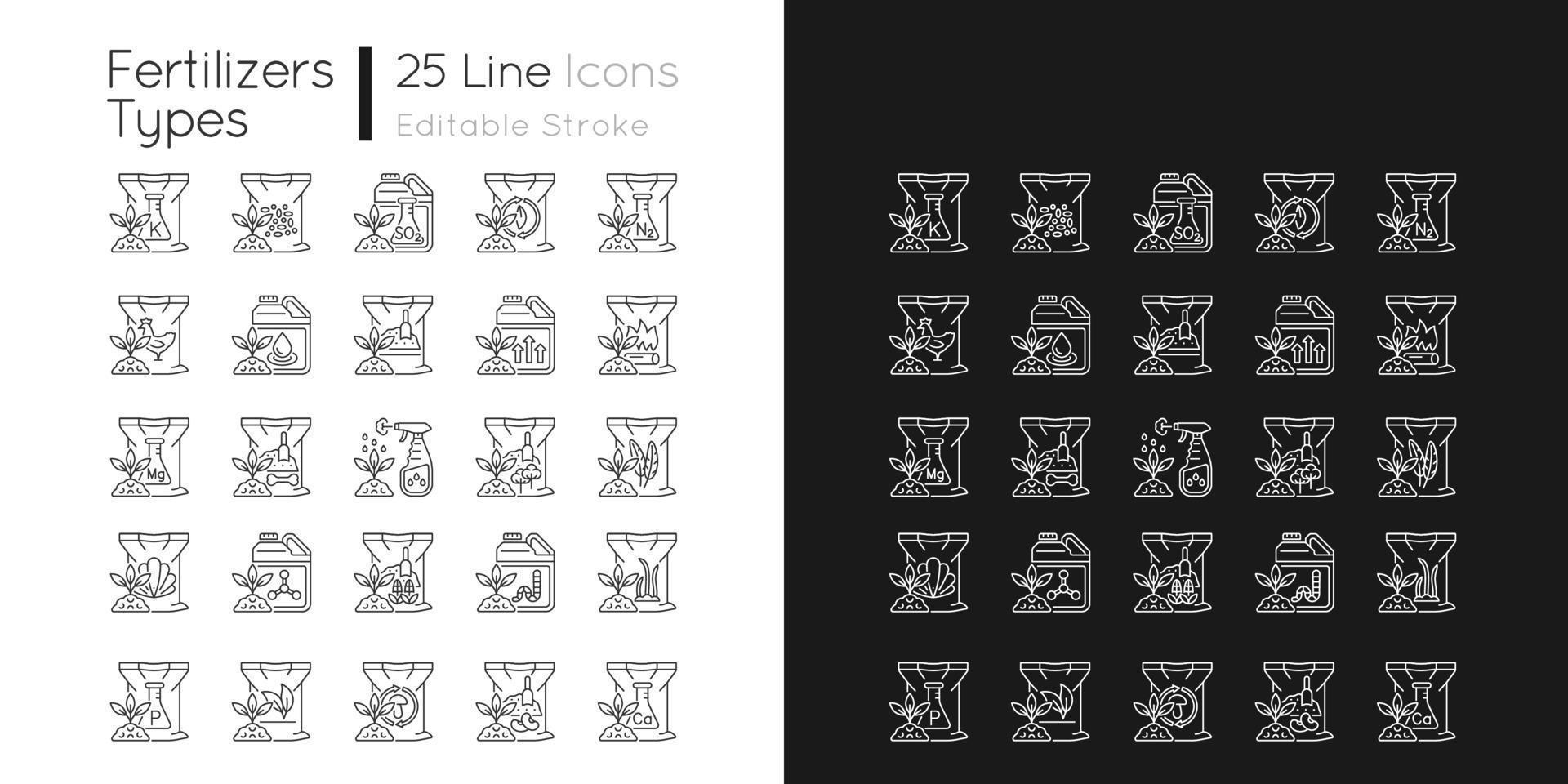 fertilizantes tipo iconos lineales establecidos para modo oscuro y claro. suplementos orgánicos, químicos. tierra, plantas aditivos. símbolos de línea fina personalizables. ilustraciones aisladas de contorno vectorial. trazo editable vector