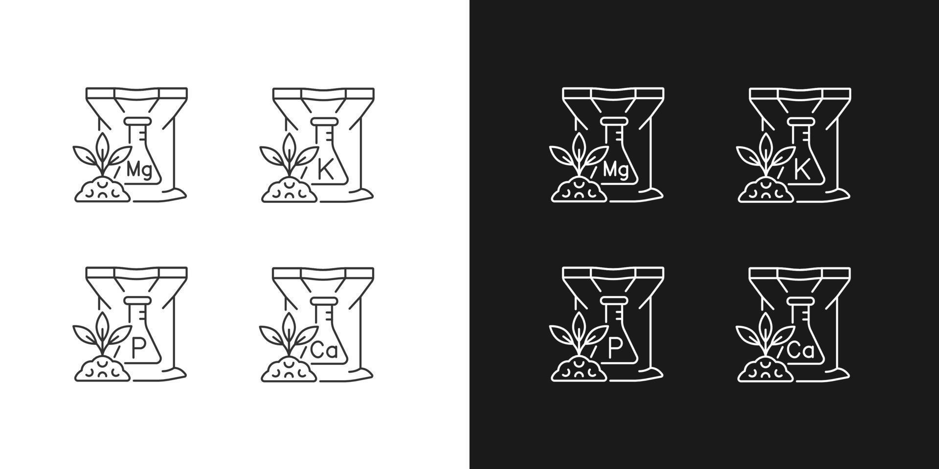 Chemical fertilizer linear icons set for dark and light mode. Inorganic supplements for soil. Rich in magnesium. Customizable thin line symbols. Isolated vector outline illustrations. Editable stroke
