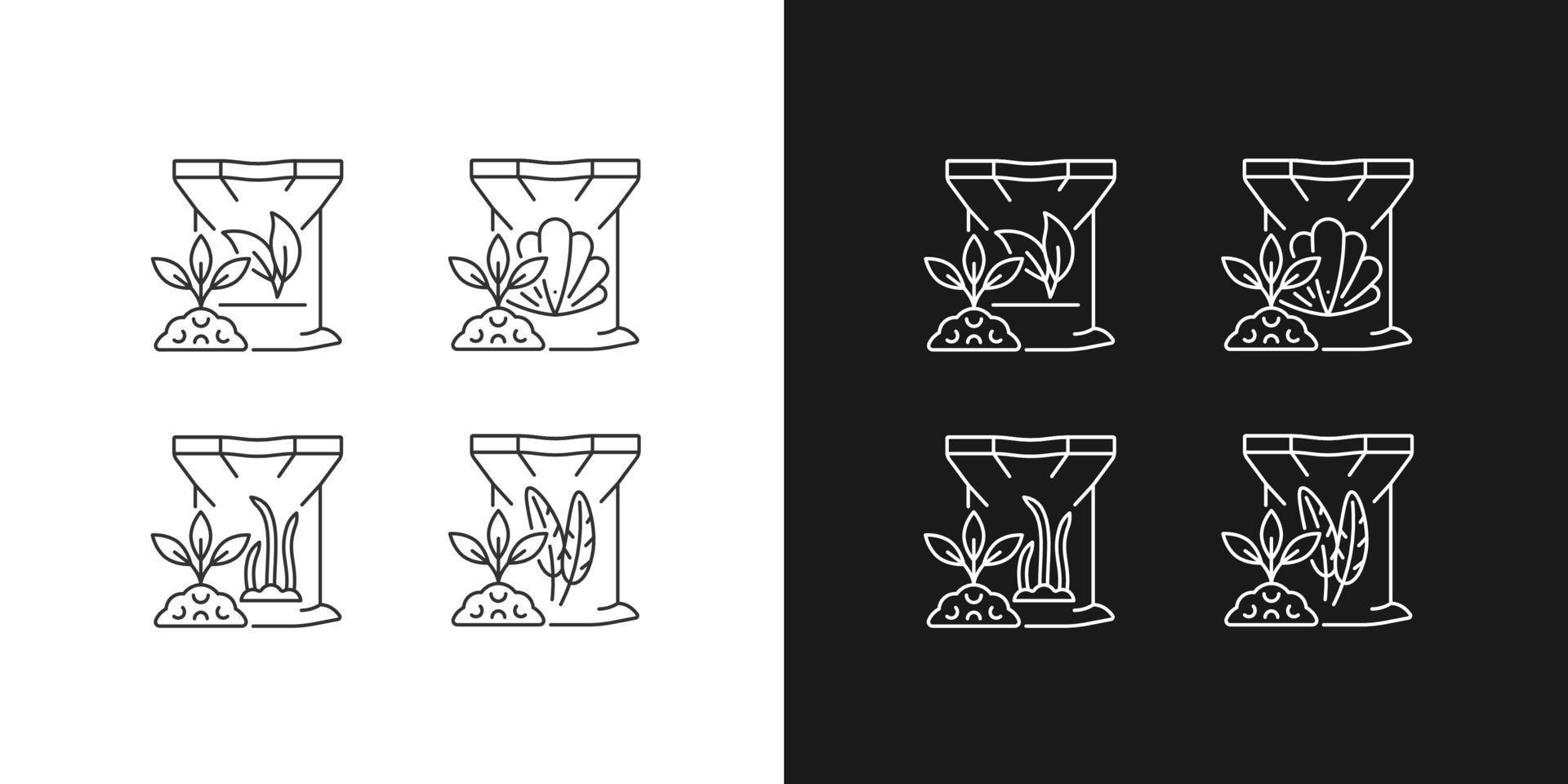 Natural plant meal linear icons set for dark and light mode. Shell, feather powder. Byproduct used as additive. Customizable thin line symbols. Isolated vector outline illustrations. Editable stroke
