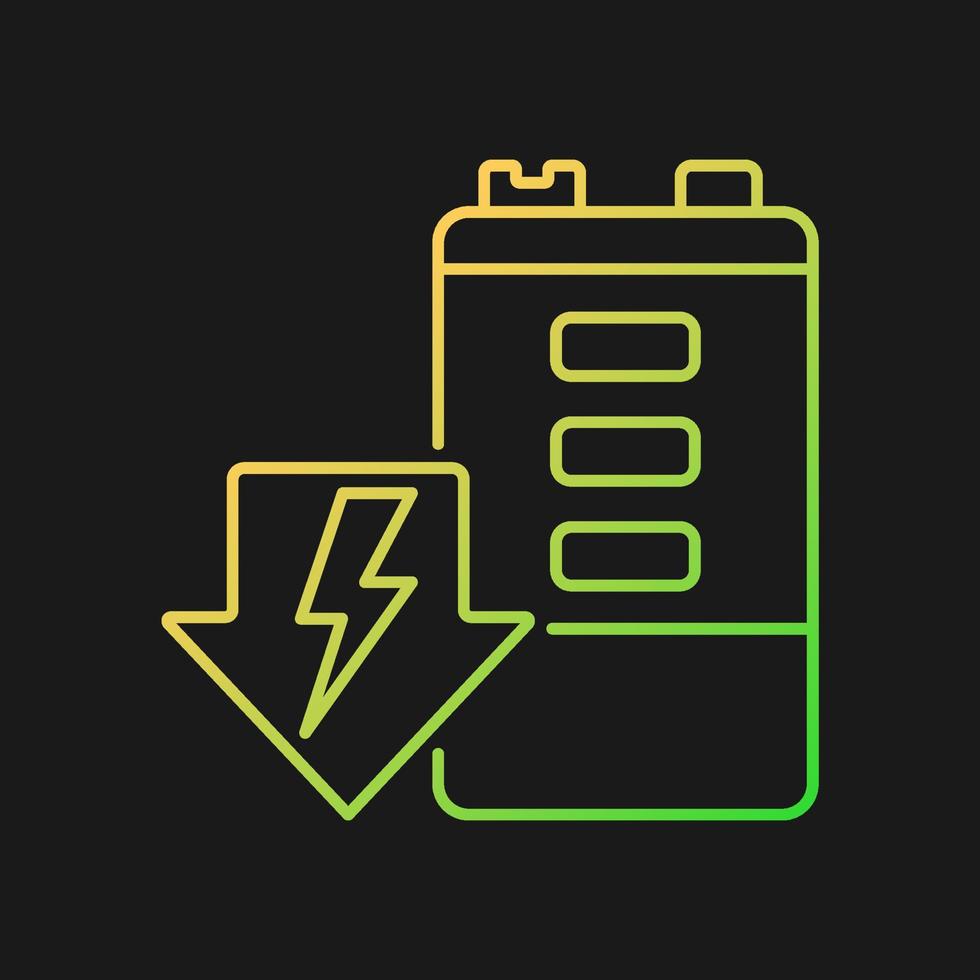 Battery discharging gradient vector icon for dark theme. Self-discharge. Energy draining. Durability deterioration. Thin line color symbol. Modern style pictogram. Vector isolated outline drawing