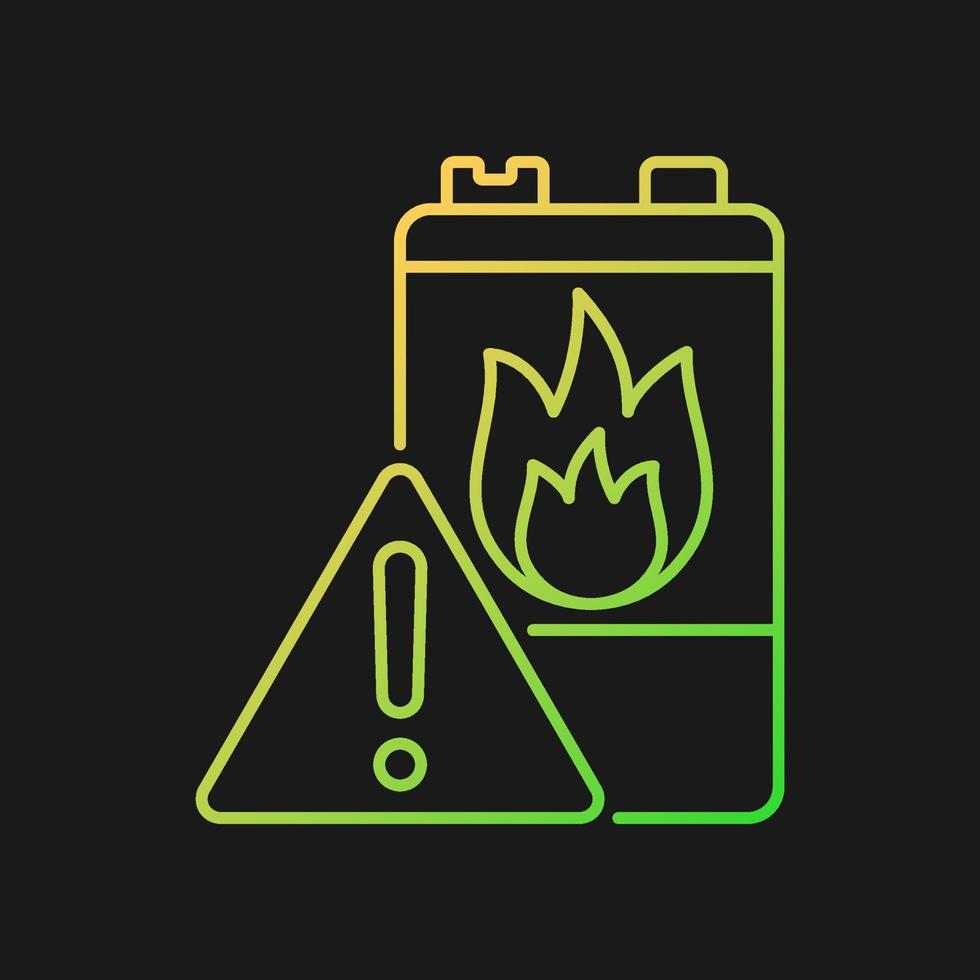 Battery flammability gradient vector icon for dark theme. Accumulator flash point. Thermal runaway. Fire start risk. Thin line color symbol. Modern style pictogram. Vector isolated outline drawing