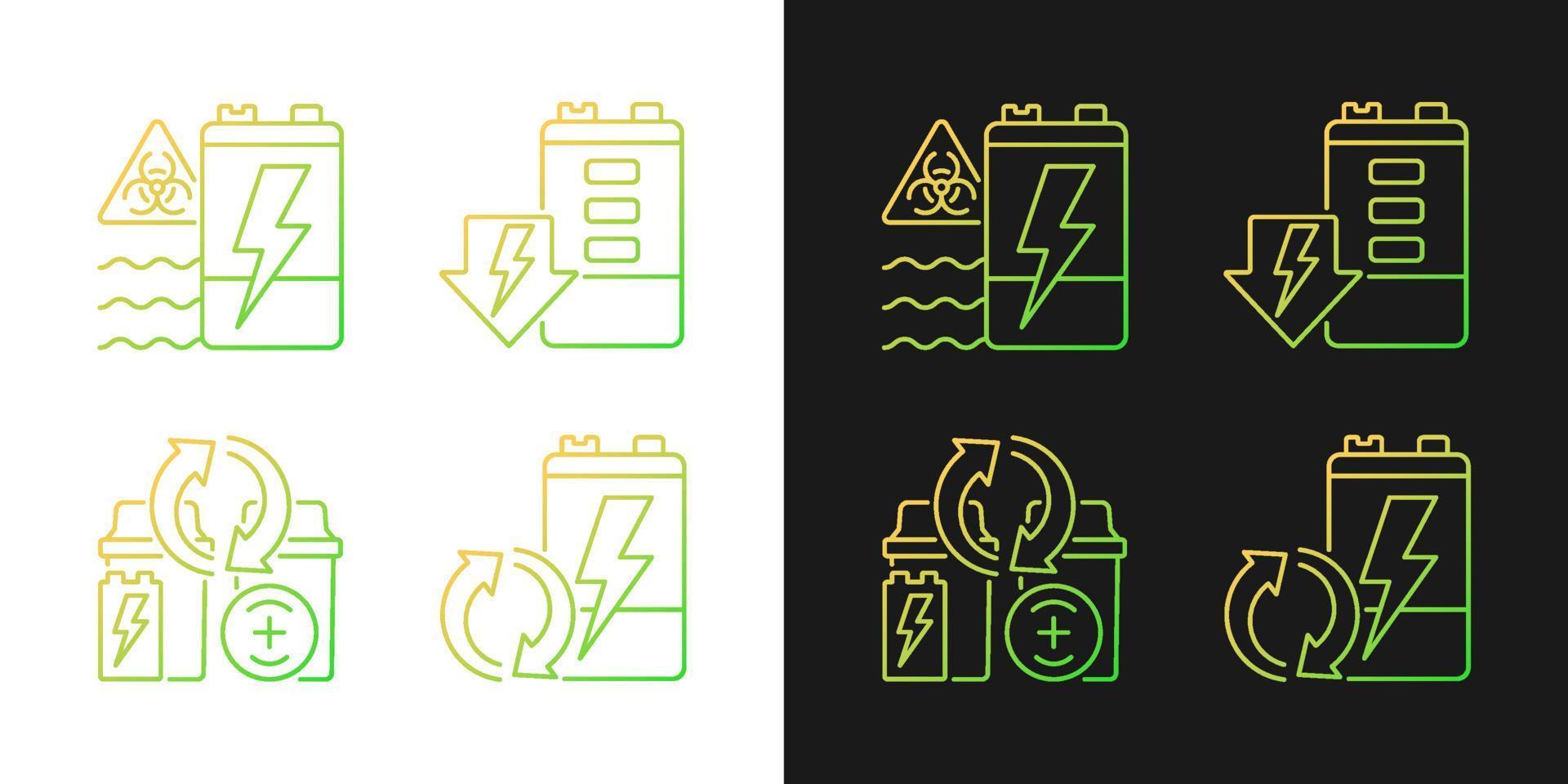 Battery reuse gradient icons set for dark and light mode. Prevent environment contamination. Thin line contour symbols bundle. Isolated vector outline illustrations collection on black and white