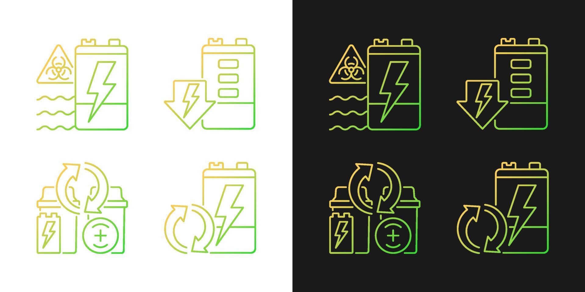 Battery reuse gradient icons set for dark and light mode. Prevent environment contamination. Thin line contour symbols bundle. Isolated vector outline illustrations collection on black and white