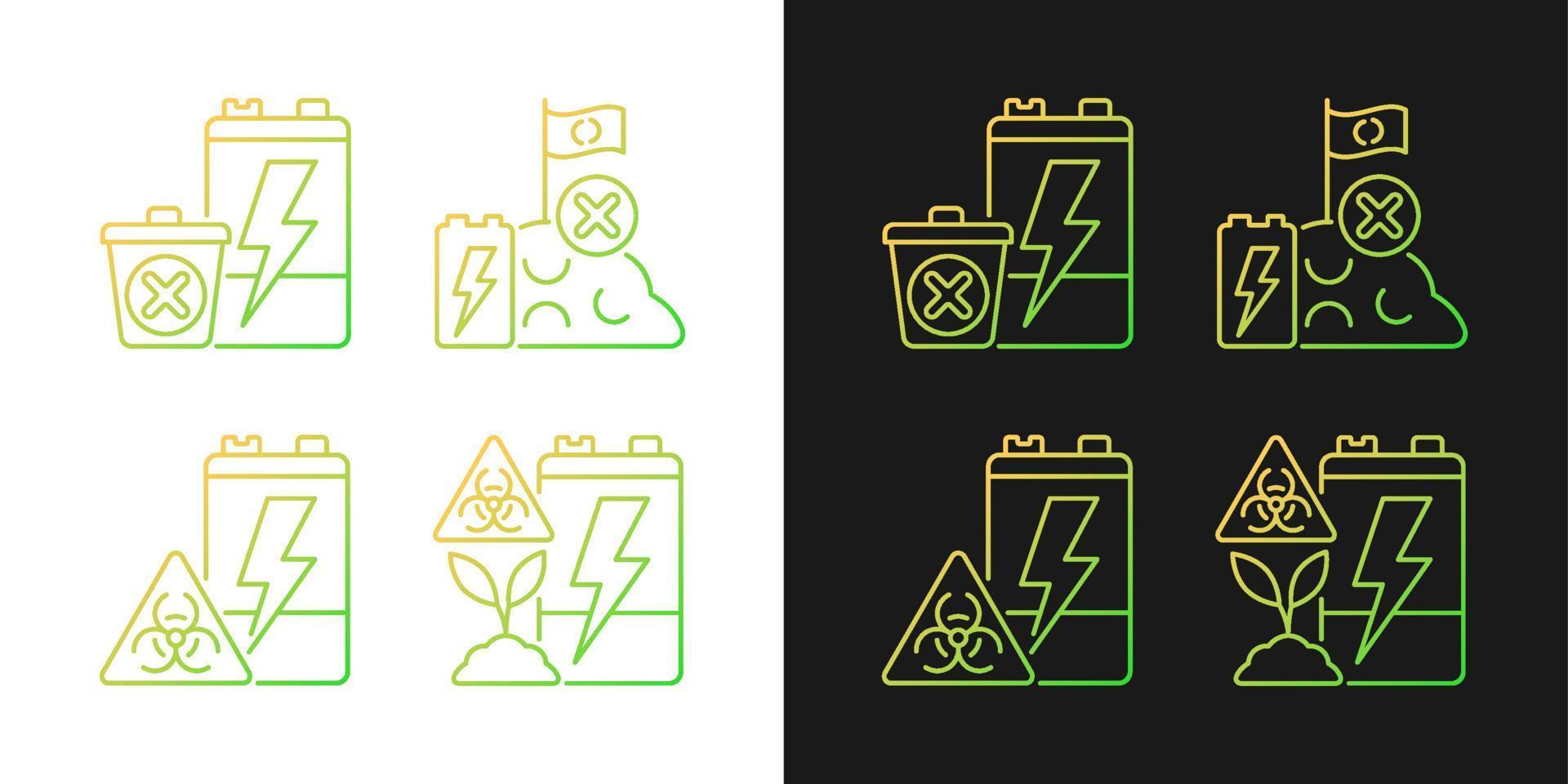 Improper battery disposal gradient icons set for dark and light mode. E-waste prohibited landfill. Thin line contour symbols bundle. Isolated vector outline illustrations collection on black and white