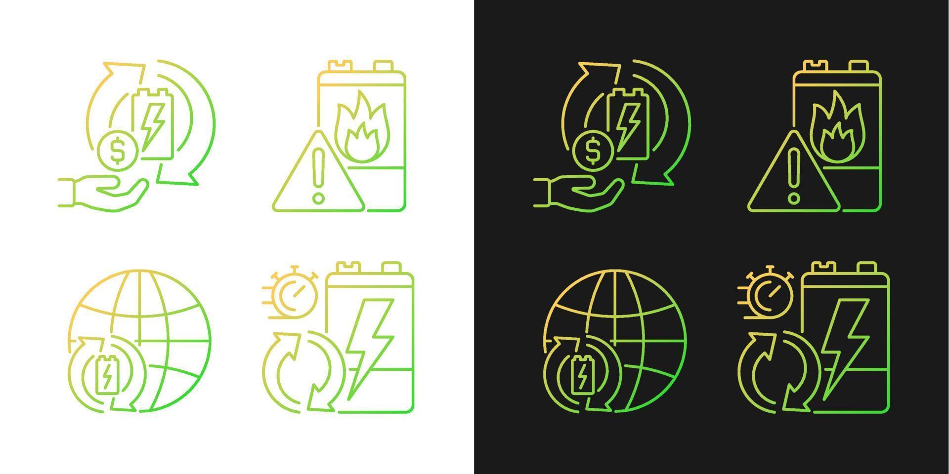 Recycling world industry gradient icons set for dark and light mode. E-waste processing rate. Thin line contour symbols bundle. Isolated vector outline illustrations collection on black and white