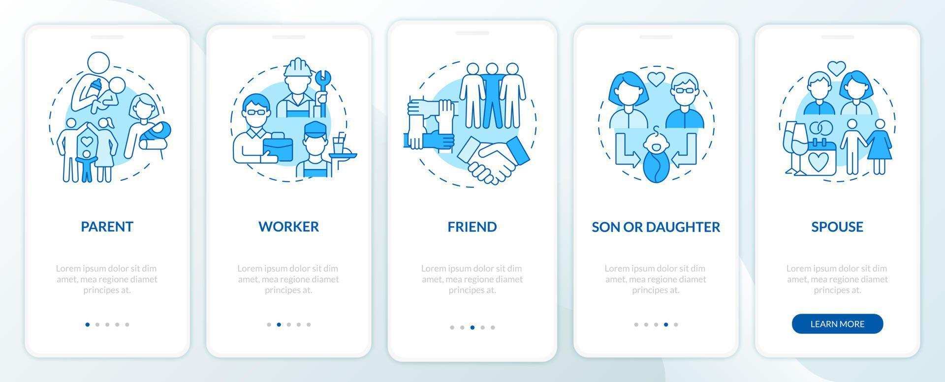 Social function example blue onboarding mobile app page screen. Role in community walkthrough 4 steps graphic instructions with concepts. UI, UX, GUI vector template with linear color illustrations