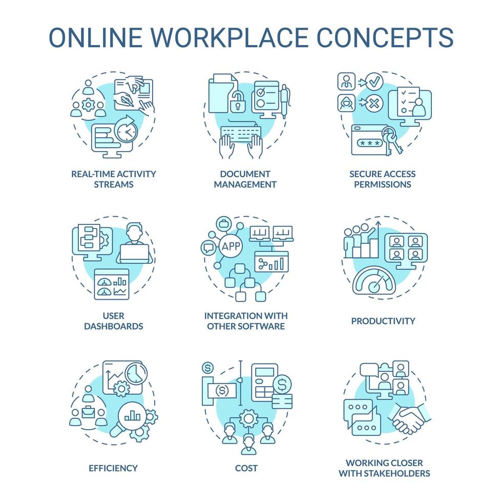 conjunto de iconos de concepto turquesa en el lugar de trabajo en línea vector