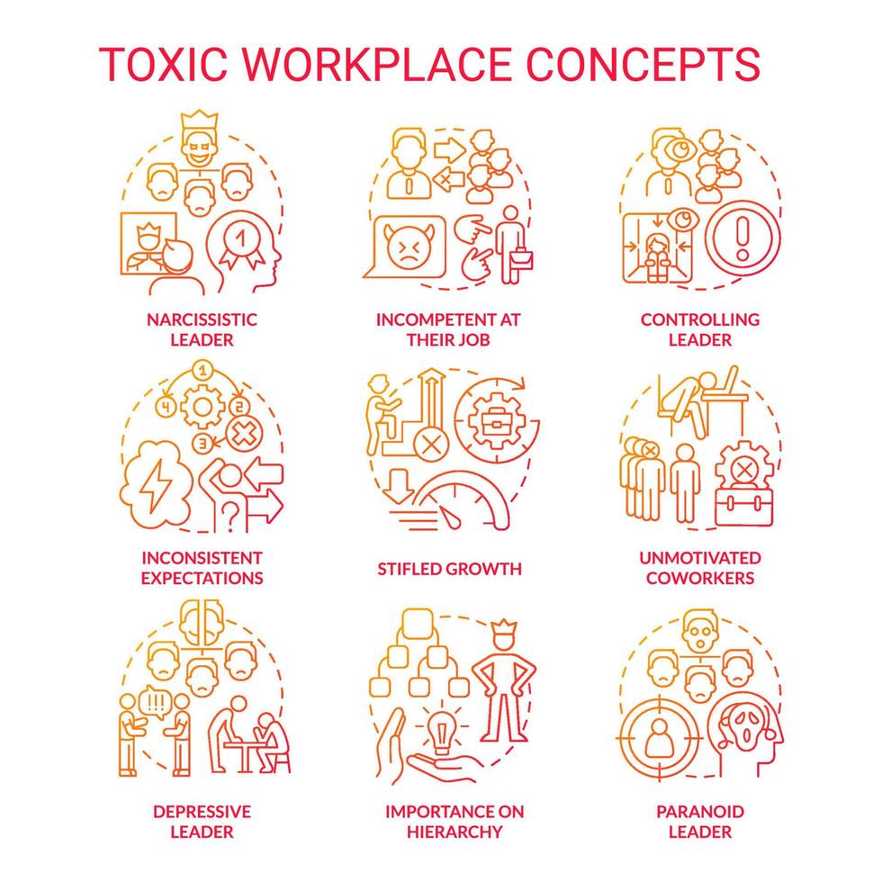 Toxic workplace red gradient concept icons set vector