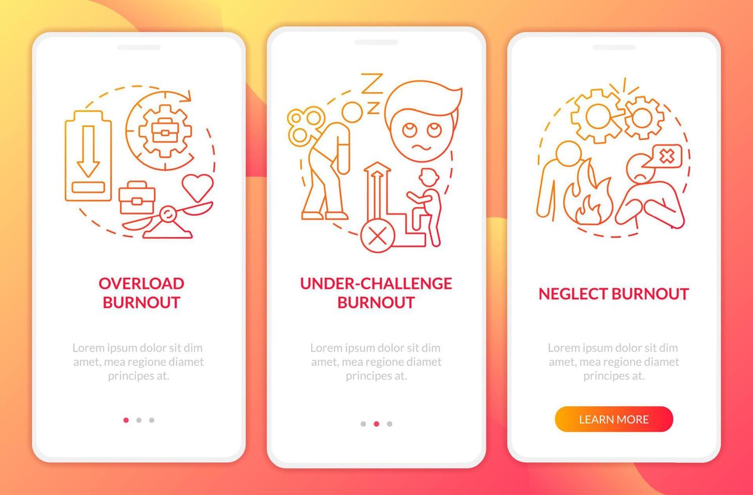 Types of burnout red gradient onboarding mobile app screen vector