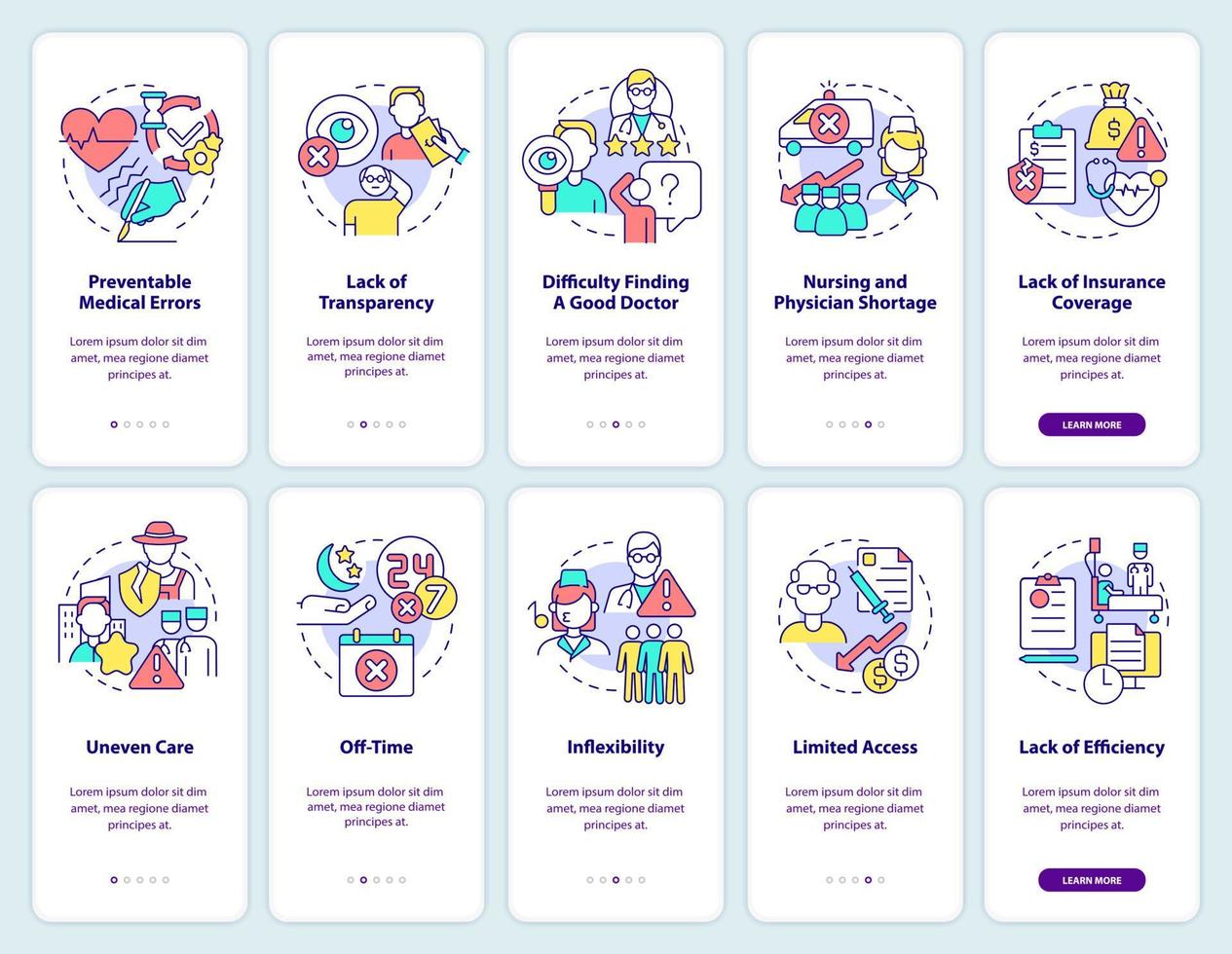 Healthcare management issues onboarding mobile app screen set vector