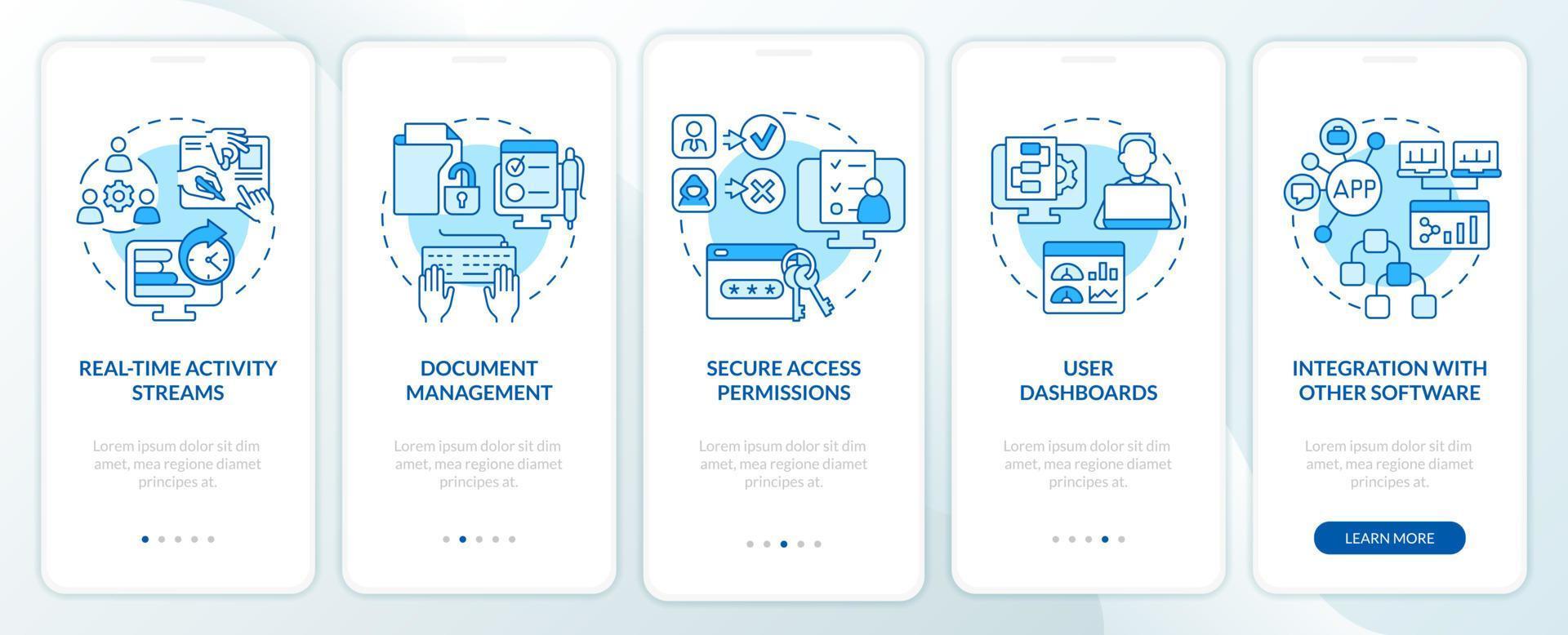 Online office features blue onboarding mobile app screen vector