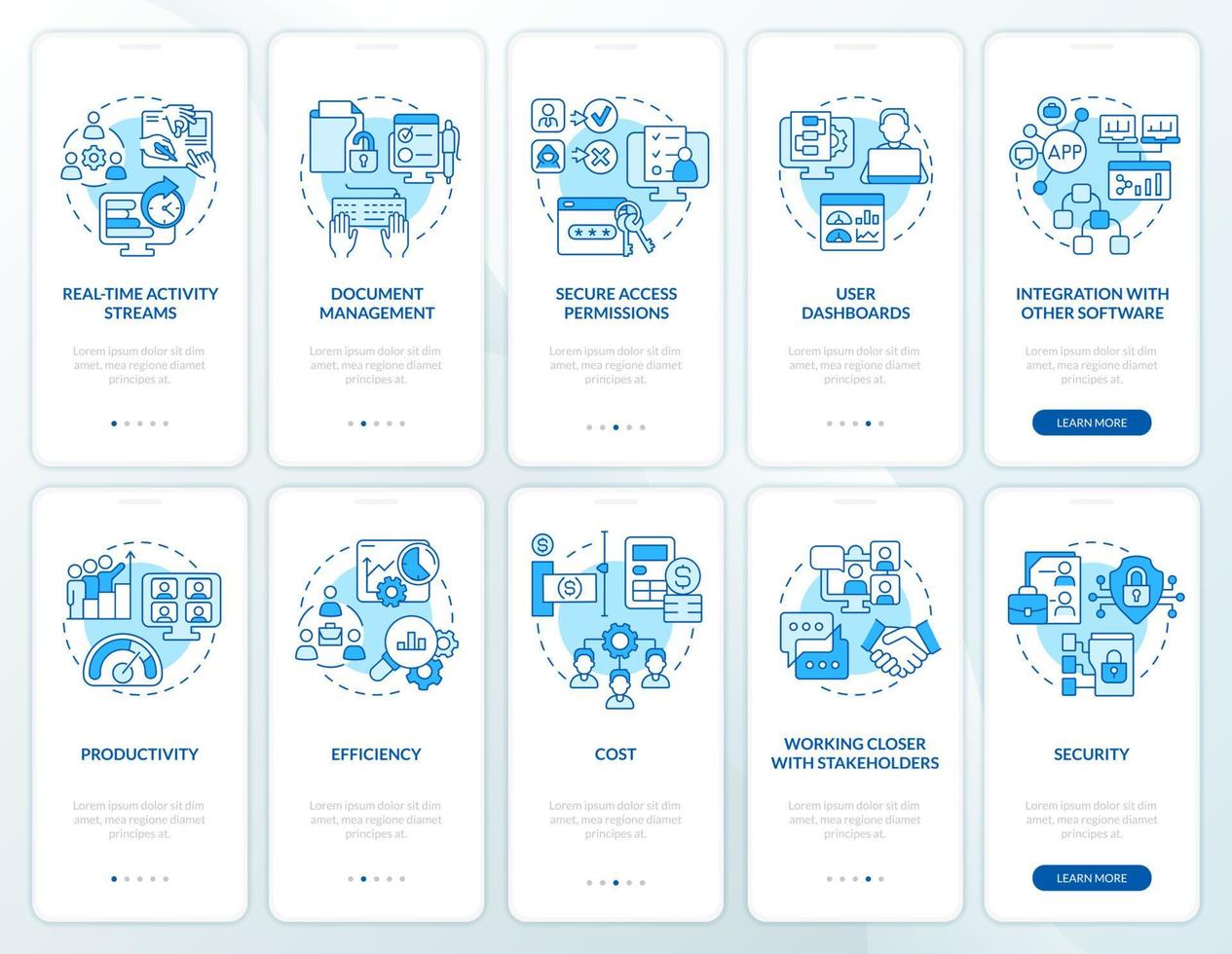 Online workplace blue onboarding mobile app screen set vector