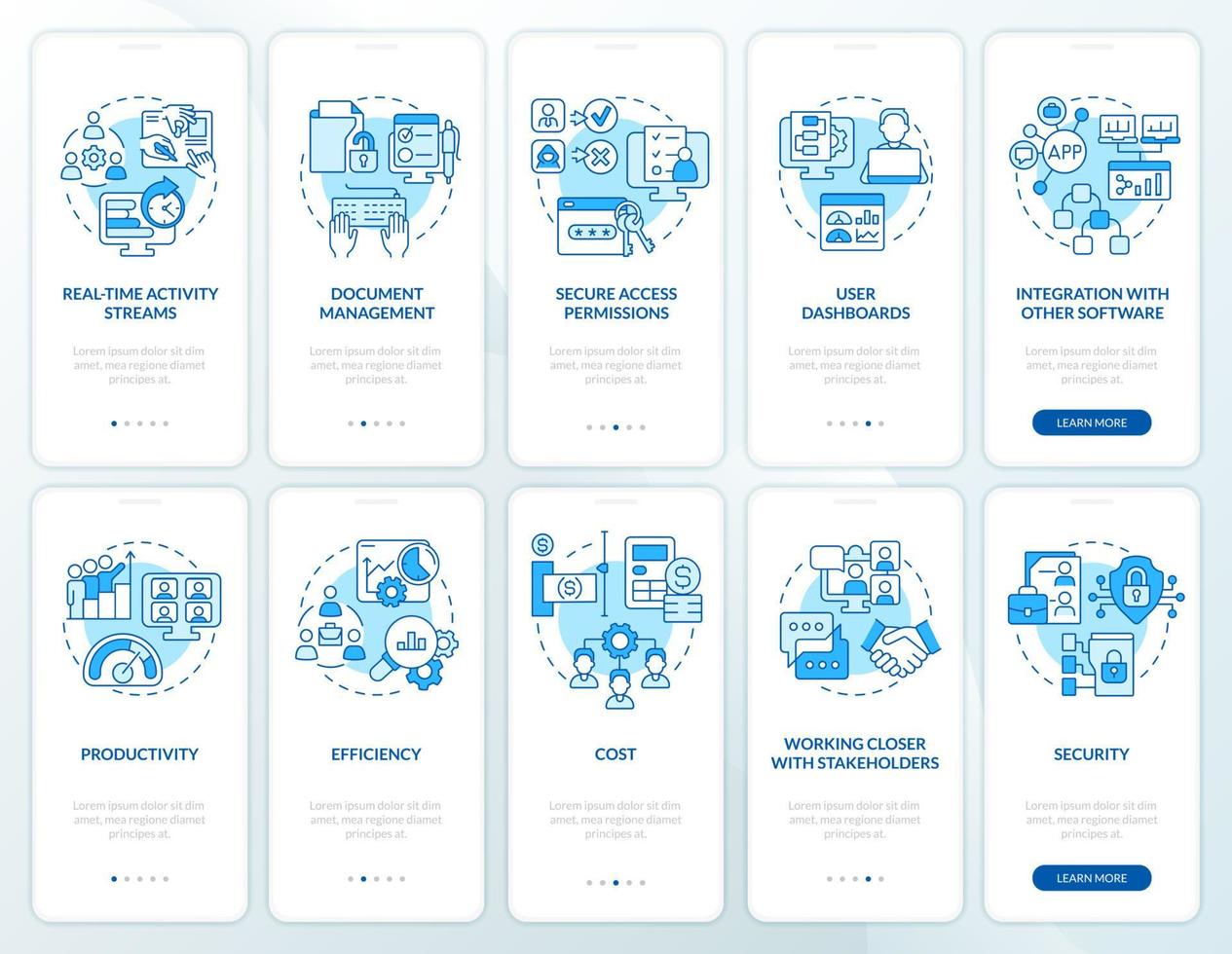 conjunto de pantalla de aplicación móvil de incorporación azul en el lugar de trabajo en línea vector