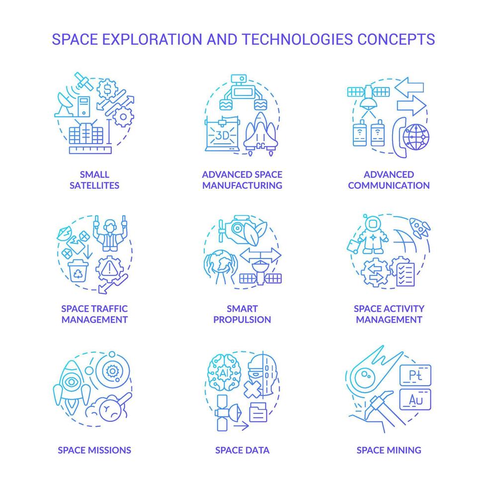 Space exploration and technology blue gradient concept icons set vector