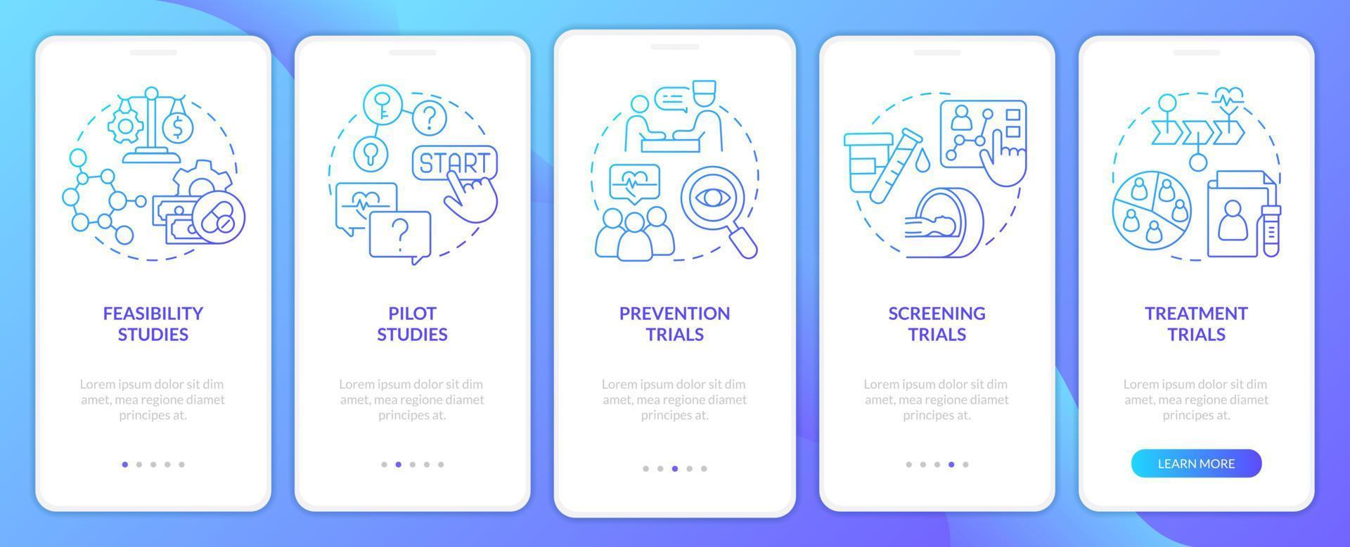 Types of clinical studies blue gradient onboarding mobile app screen vector