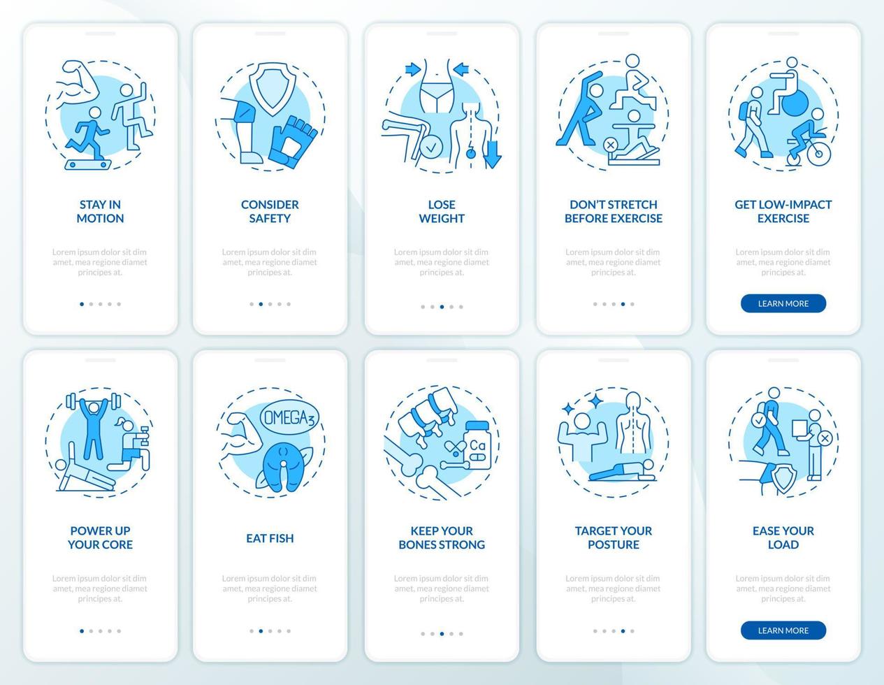 Active lifestyle for joints health blue onboarding mobile app screen set vector