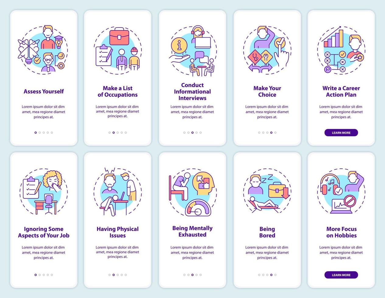 How to choose right job onboarding mobile app screen set vector